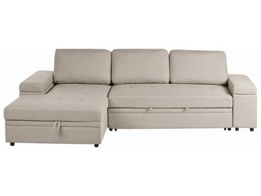 Eckschlafsofa 3-Sitzer HRISEY Kunstleinen Beige mit Stauraum rechtsseitig