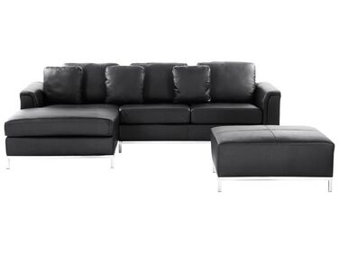 Ecksofa 5-Sitzer OSLO Echtleder Schwarz mit Ottomane rechtsseitig