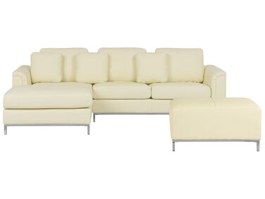 Ecksofa 5-Sitzer OSLO Echtleder Hellbeige mit Ottomane rechtsseitig