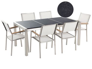 Garden Dining Set 6 Seater GROSSETO Black/ White Granite Triple Plate Polished