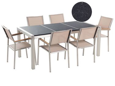 Garden Dining Set 6 Seater GROSSETO Black/ Beige Granite Triple Plate Polished