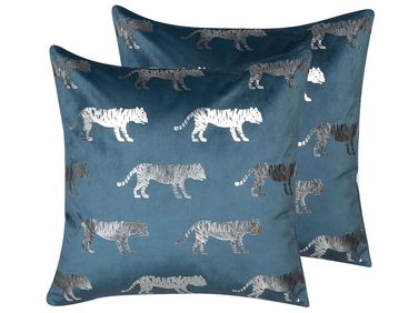 Dekokissen 2er Set BLUEBELL Samtstoff 45 x 45 cm Blau Tiermuster