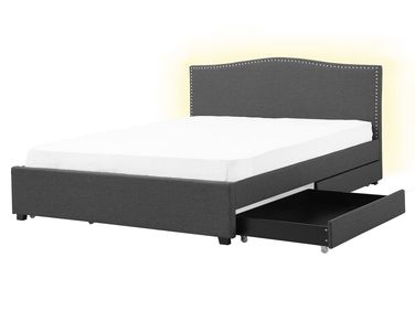 Bed with Storage Drawers MONTPELLIER Fabric Dark Grey 160 x 200 cm (EU King Size) LED