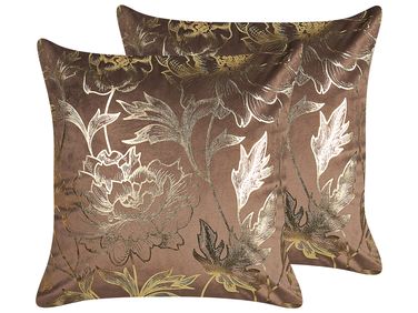 Dekokissen 2er Set DAFFODIL Samtstoff 45 x 45 cm Braun Blumenmuster