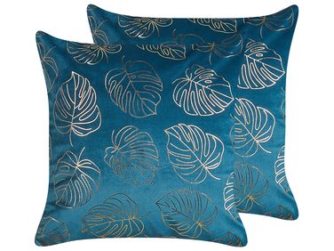 Dekokissen 2er Set DELICIOSA Samtstoff 45 x 45 cm Blau Pflanzenmuster