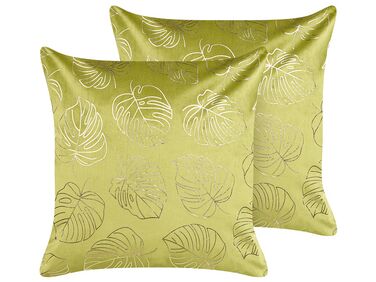 Dekokissen 2er Set DELICIOSA Samtstoff 45 x 45 cm Hellgrün Pflanzenmuster