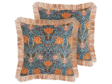 Dekokissen 2er Set MITELLA Samtstoff 45 x 45 cm Blau Blumenmuster