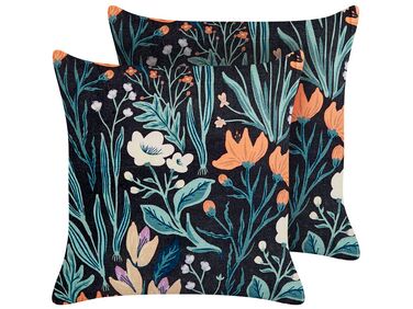 Dekokissen 2er Set OSMUNDA Samtstoff 45 x 45 cm Schwarz Blumenmuster