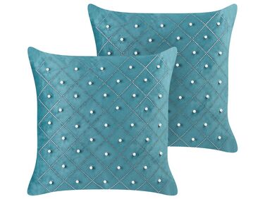 Dekokissen 2er Set YARROW Samtstoff 45 x 45 cm Blaugrün Geometrisches Muster