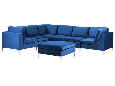 Modul Ecksofa 6-Sitzer EVJA rechtsseitig Marineblau Samtstoff mit Ottomane