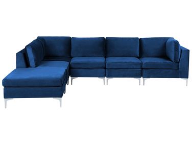 Modul Ecksofa 5-Sitzer EVJA rechtsseitig Marineblau Samtstoff mit Ottomane