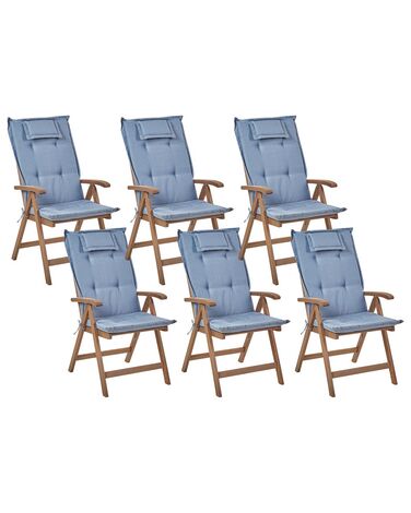 Set mit 6 Stühlen und Sitzkissen AMANTEA Akazienholz Blau