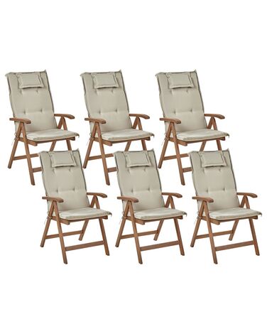 Set mit 6 Stühlen und Sitzkissen AMANTEA Akazienholz Taupe