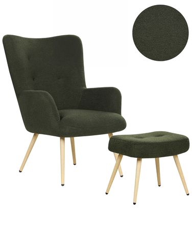 Wingback Chair VEJLE with Footstool Boucle Dark Green