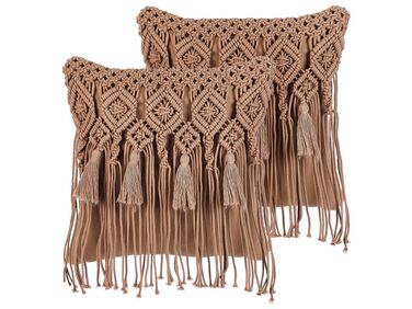 Dekokissen 2er Set BAMIAN Baumwolle 45 x 45 cm Hellbraun Geometrisches Muster