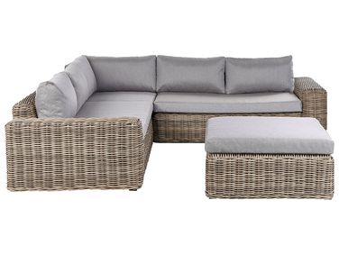 Garden Corner Sofa with Ottoman 6 Seater PALERMO Light Brown PE Rattan Modular
