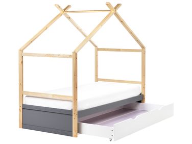 Kinderbett Haus Kiefernholz ORGEVAL 90 x 200 cm mit Stauraum Grau