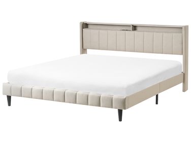 Bett mit LED BEAULIEU Stoff Beige 180 x 200 cm mit Stauraum mit USB-Anschluss